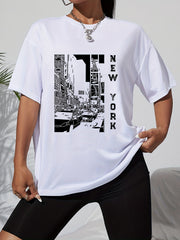 Retro Letter Print Pullover Tee Short Sleeve Shirt