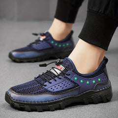 Men's Breathable Stars Print No Tie Mesh Sneakers With Adjustable Draw String