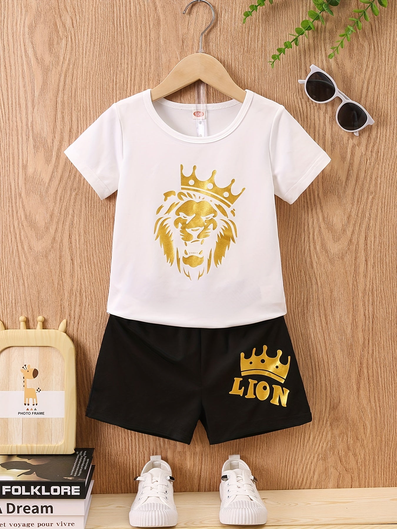 Boys Lion Head Print T-Shirt & Shorts Set Summer Clothes