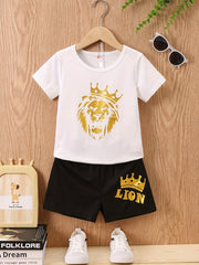 Boys Lion Head Print T-Shirt & Shorts Set Summer Clothes