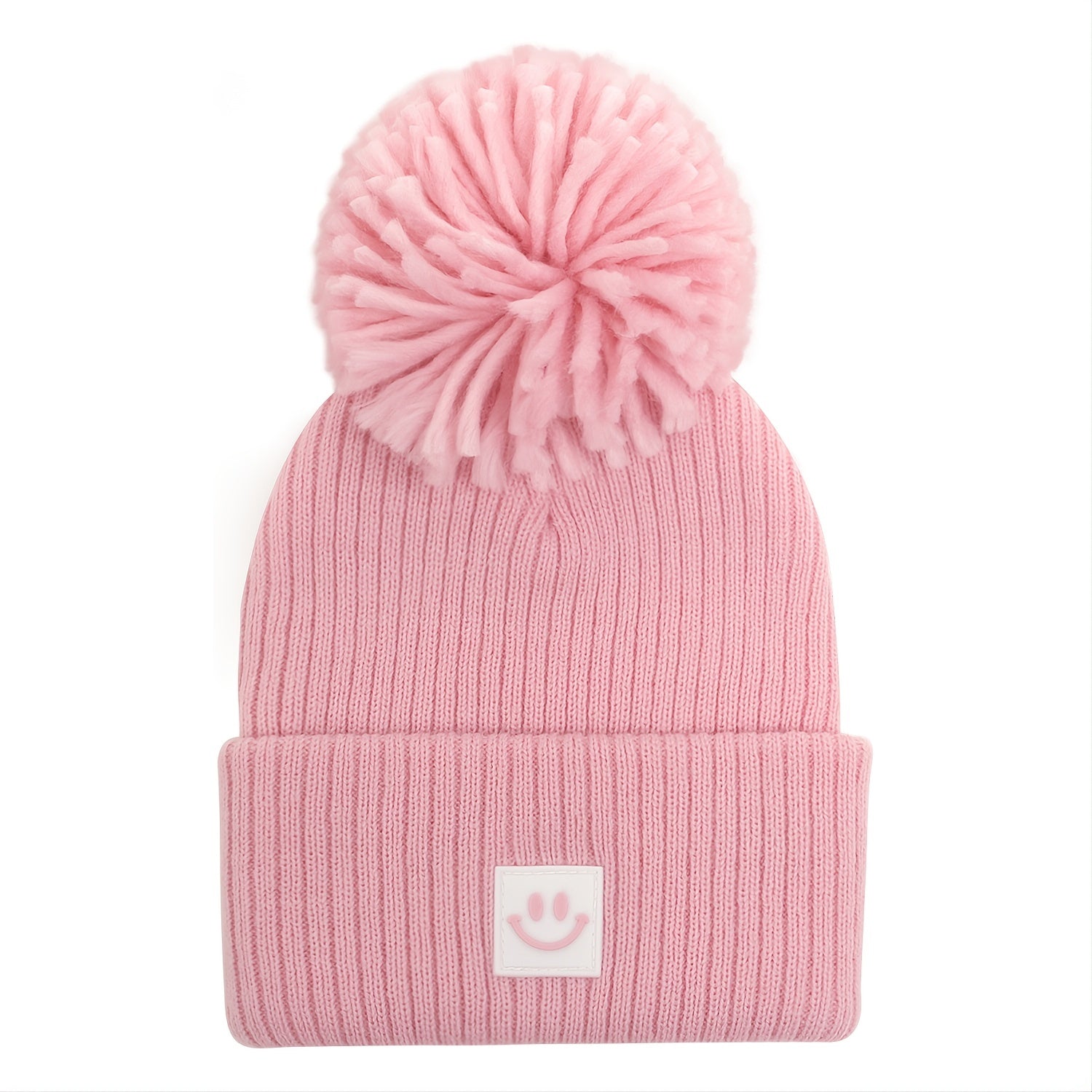 Kids Winter Beanie Knitted Hat Warm Smiling Face Graphic Cap With Pom Pom