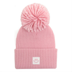 Kids Winter Beanie Knitted Hat Warm Smiling Face Graphic Cap With Pom Pom