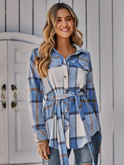 Button Plaid Tie Waist Jacket for Fall & Winter