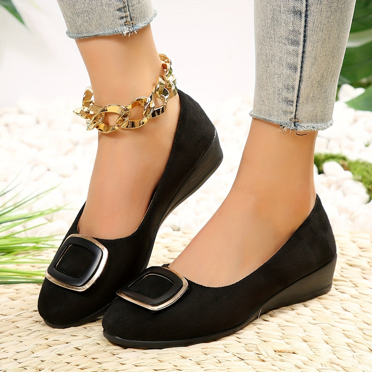 Women's Slip On Wedge Shoes with Buckle Decor