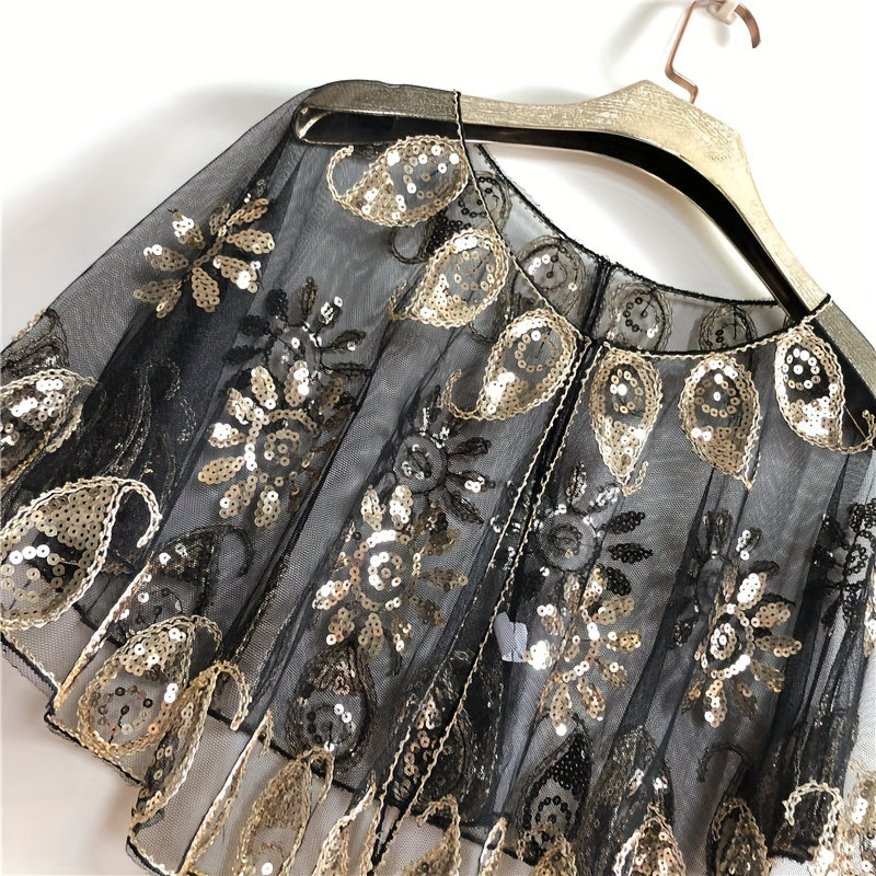 Sunflower Embroidery Shawl Sequin Decor Cape Women Glitter Scarf