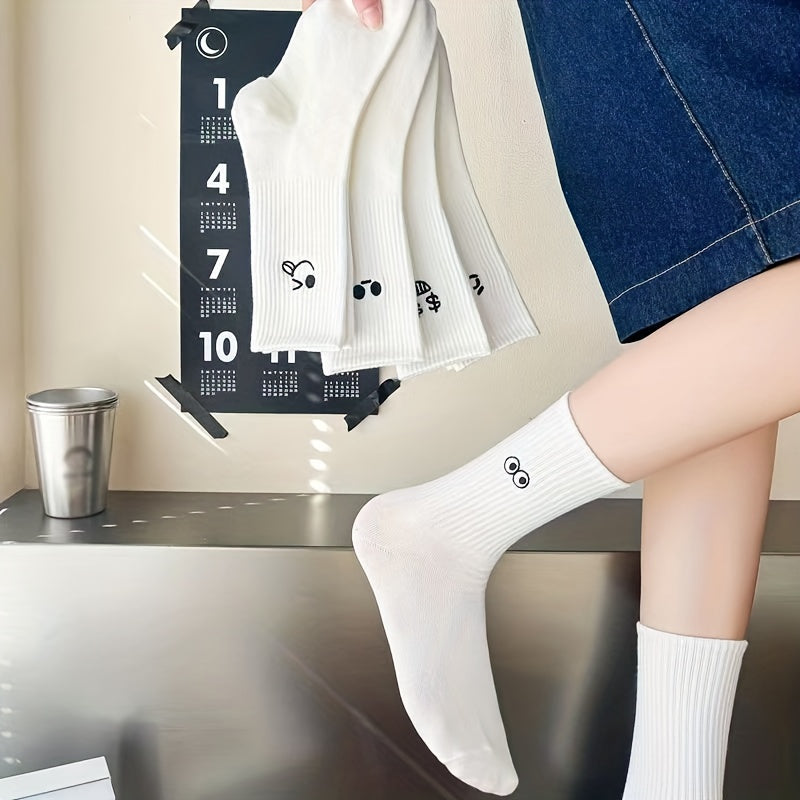 5 Pairs Expression Print Socks Cute Cartoon Crew Socks Women's Stockings