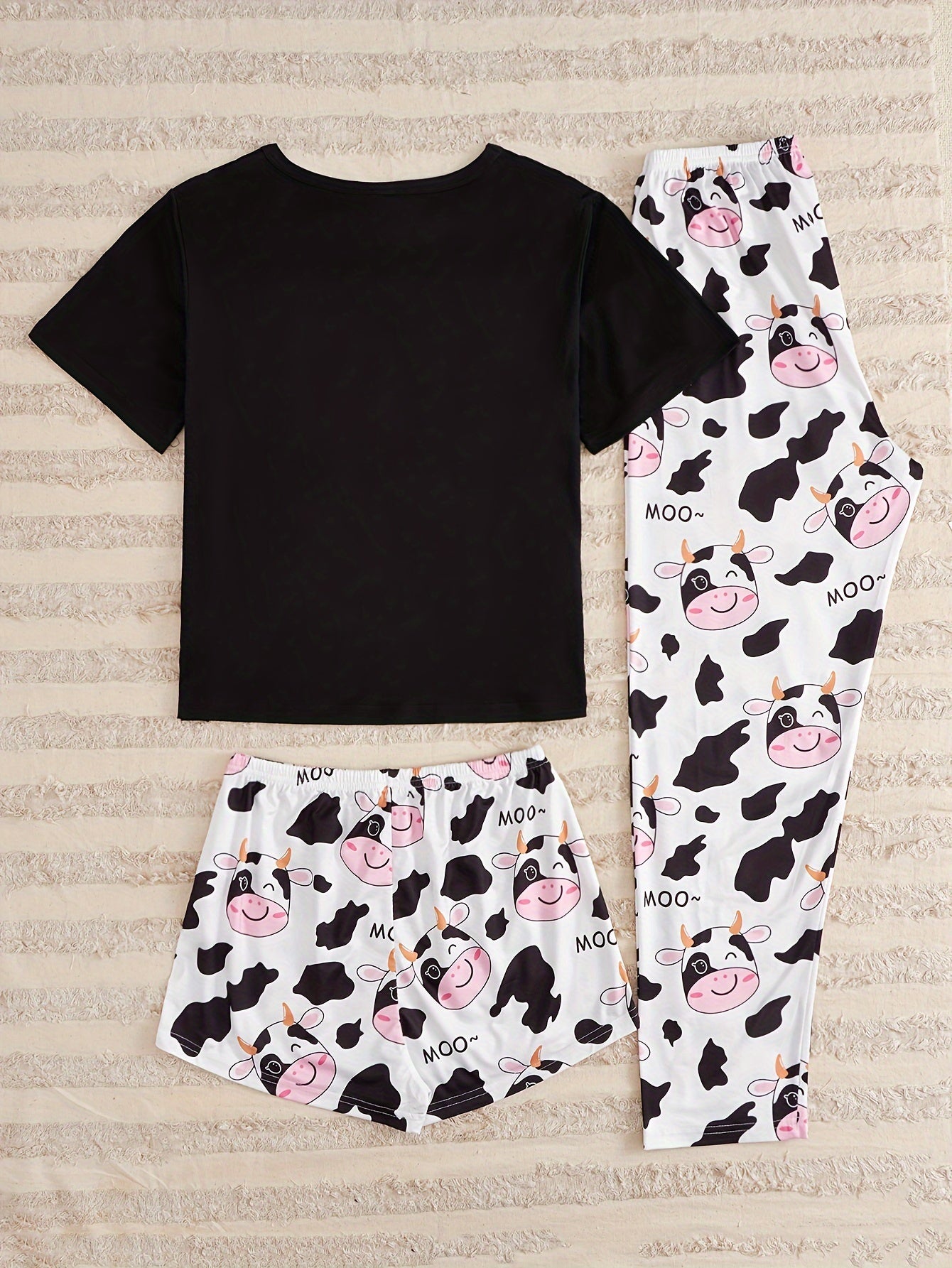 Cow Print Pajamas Set Short Sleeve Top & Shorts & Pants