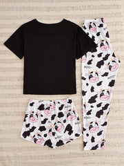 Cow Print Pajamas Set Short Sleeve Top & Shorts & Pants