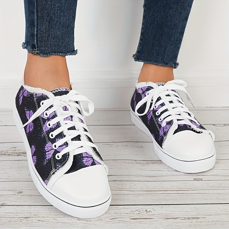 Purple Butterfly Print Lace Up Canvas Sneakers Low Cut Flat Board Shoes
