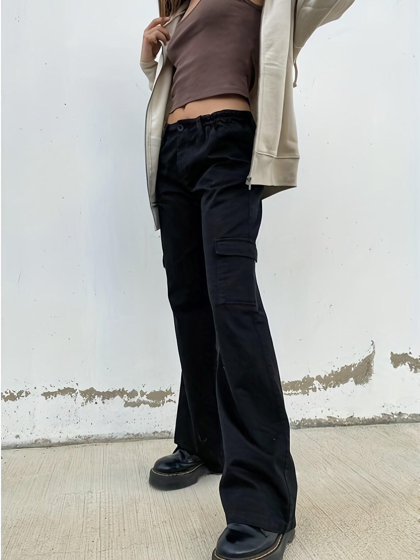Solid Wide Leg Cargo Pants Casual Versatile Pants With Pockets Women