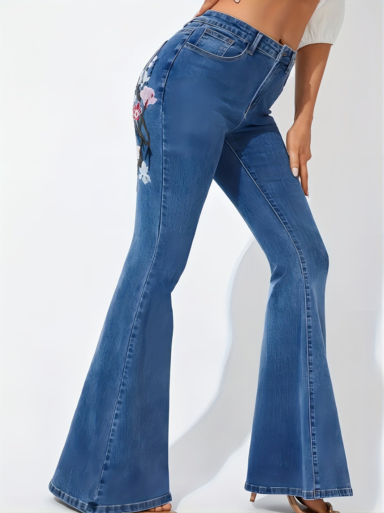 Floral Embroidery Flare Leg Jeans Medium Wash