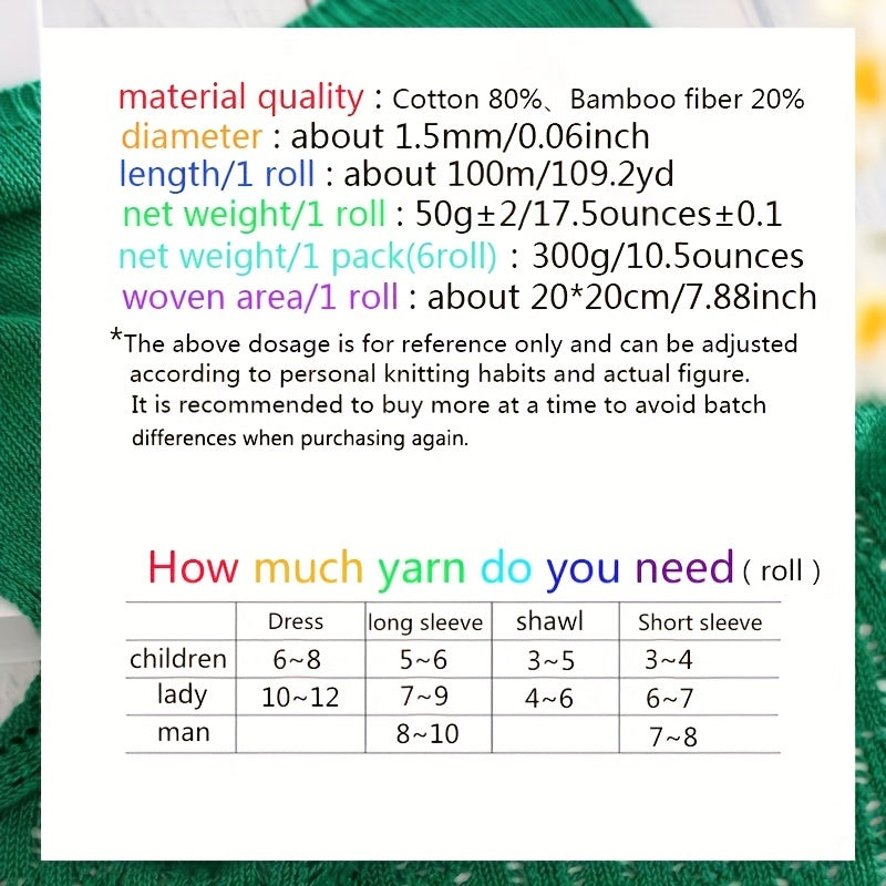 6pcs Bamboo Cotton Blend Yarn for Spring & Summer Knitting - Soft & Fine