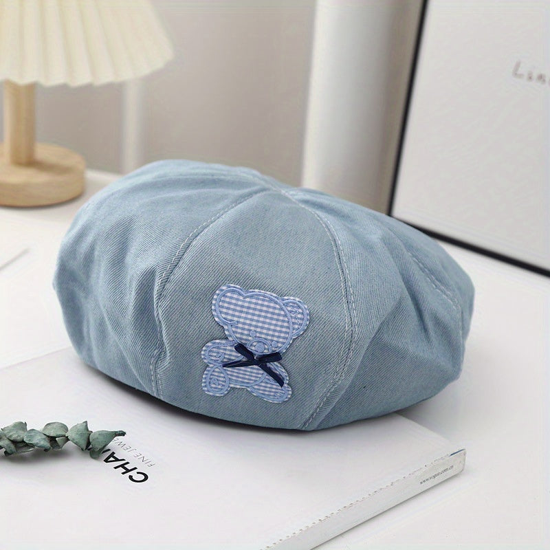 Vintage Denim Painter Cap with Cartoon Bear Patch Beret