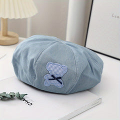 Vintage Denim Painter Cap with Cartoon Bear Patch Beret