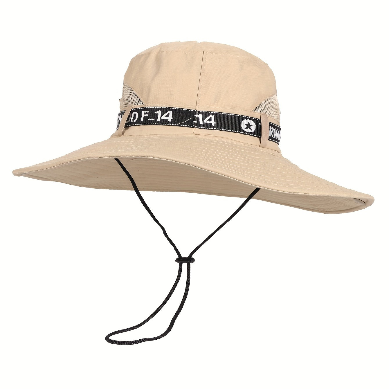 Khaki Wide Brim Bucket Hat Drawstring UV Protection Mesh Breathable Sun Hat