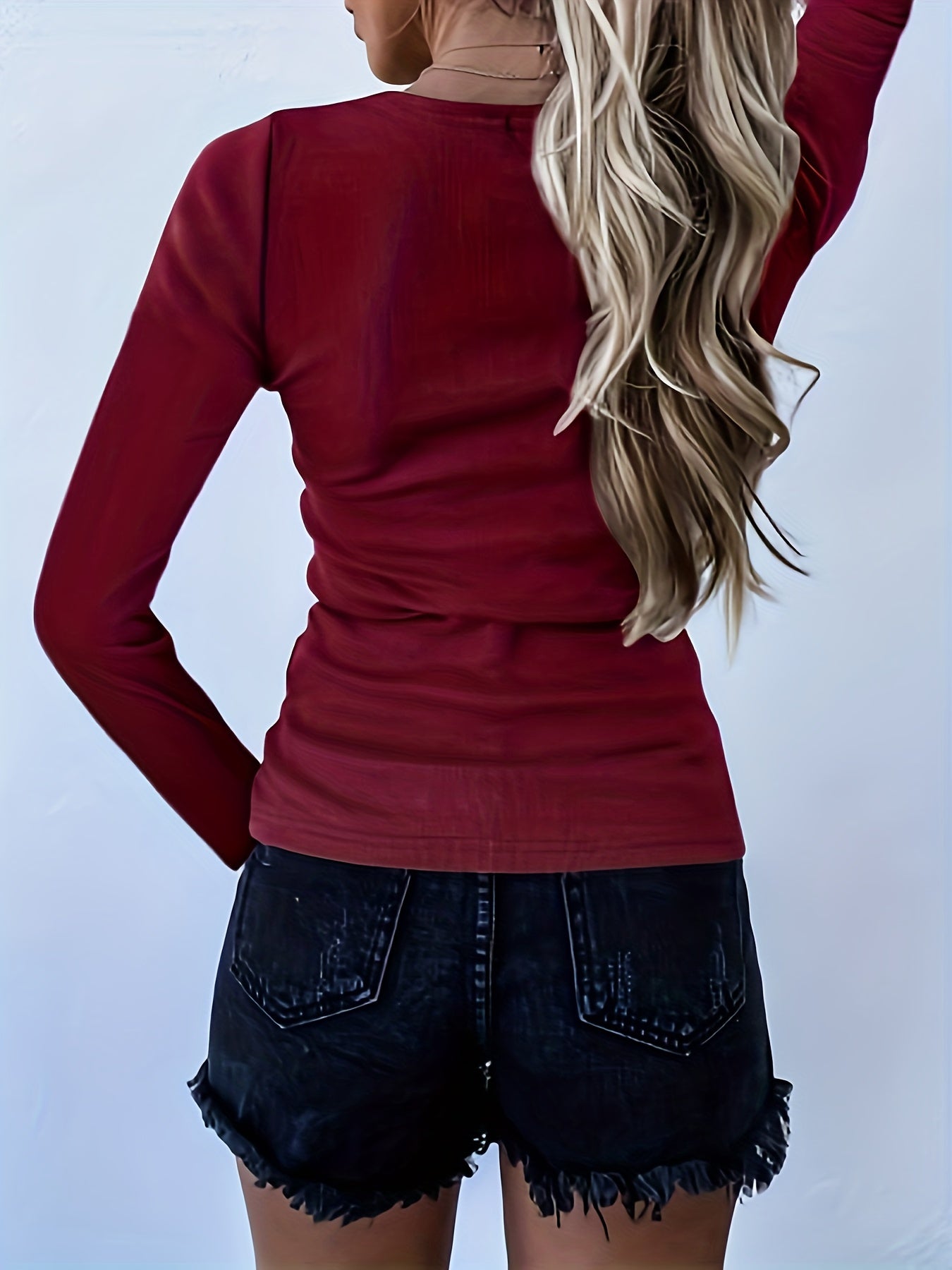 Solid Notched Neck Pullover Sweater Long Sleeve Slim Sweater Women's Clothing