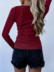 Solid Notched Neck Pullover Sweater Long Sleeve Slim Sweater Women's Clothing