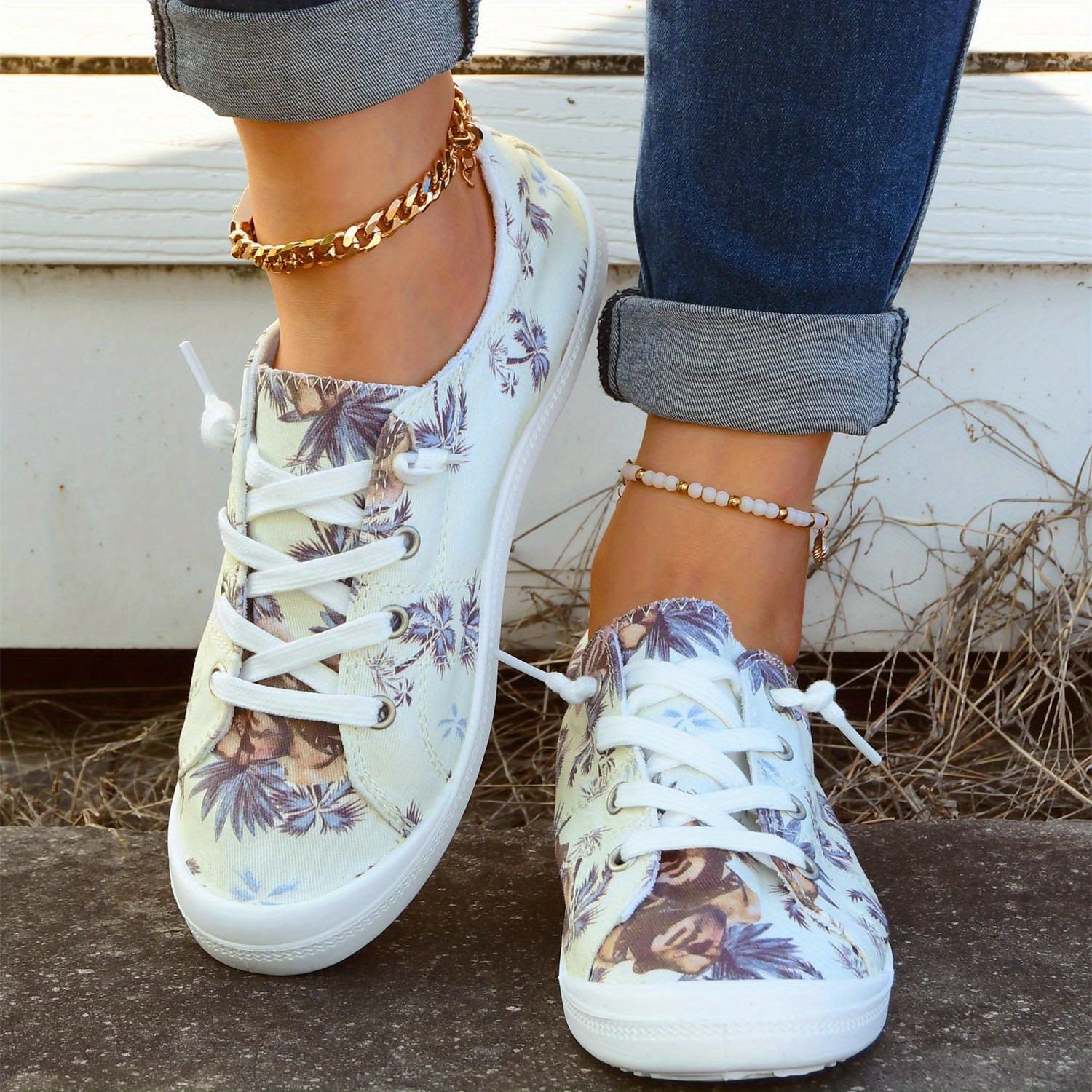 Women's Coconut Tree Pattern Canvas Shoes Lace Up Flat Walking Shoes
