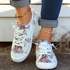 Women's Coconut Tree Pattern Canvas Shoes Lace Up Flat Walking Shoes