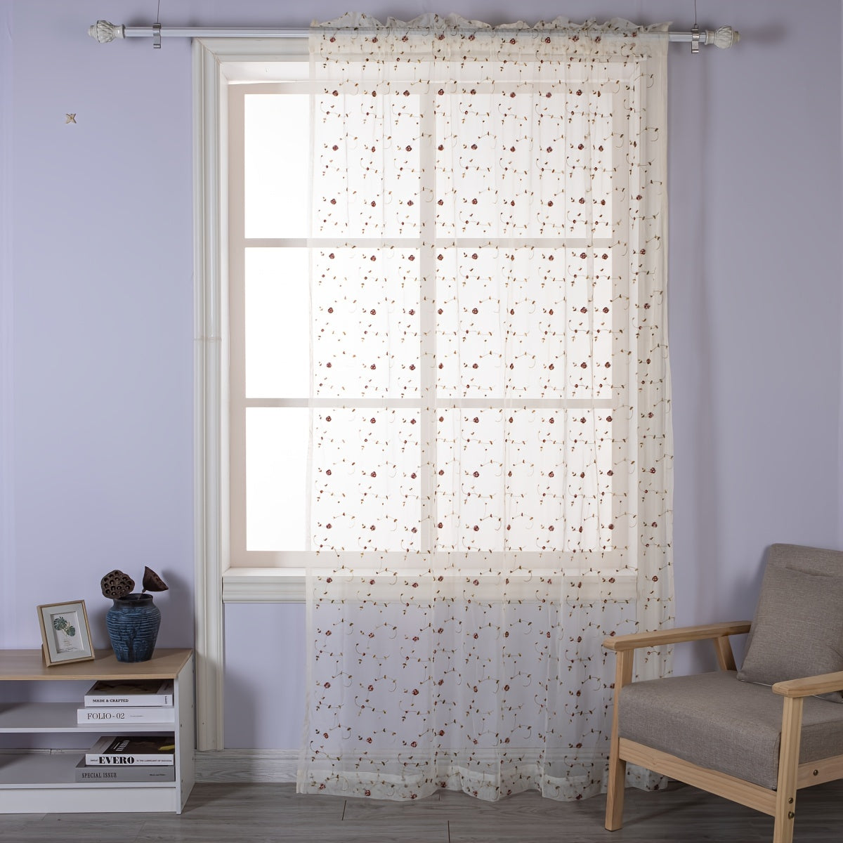 Pastoral Beige Embroidered Sheer Curtain