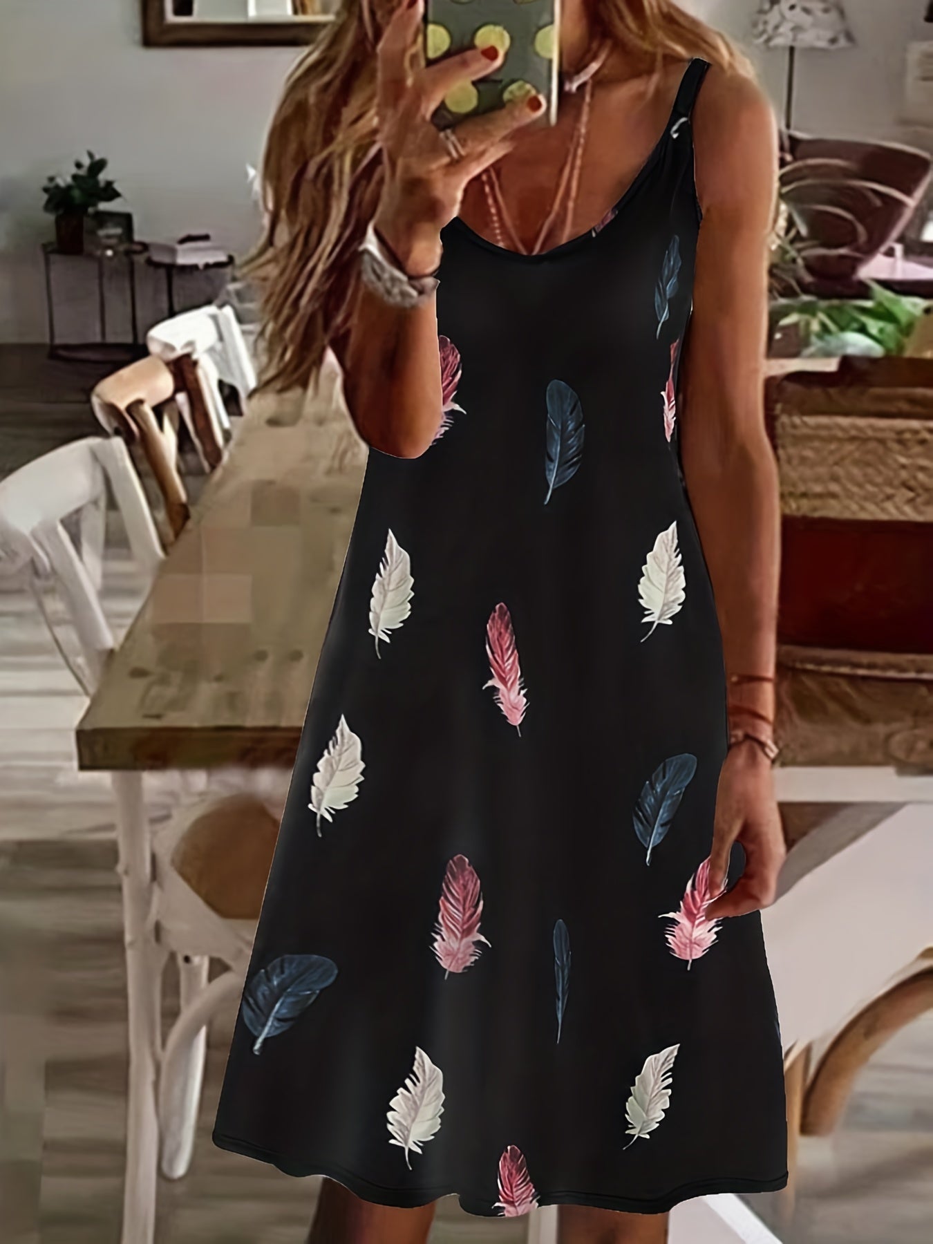 Feather Print Cami Dress Sexy Sleeveless Summer Midi Dress Women's Clothing