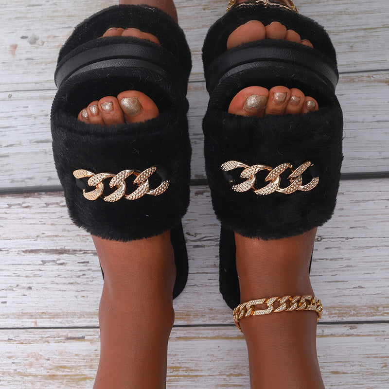 Fuzzy Bedroom Slippers Crystal Flat Sandals Women's Footwear