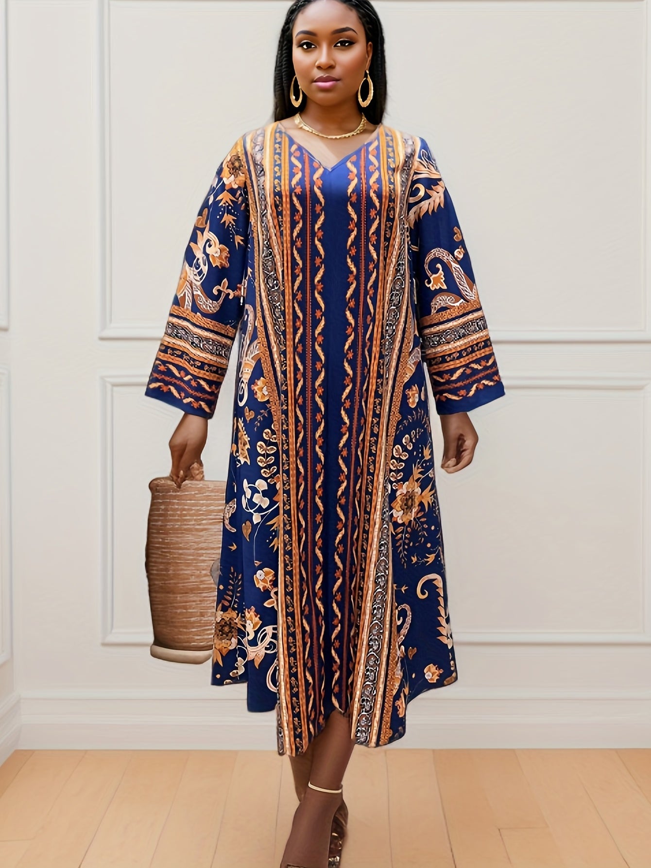 Women's Plus Tribal Print V Neck Long Sleeve Loose Casual Maxi Dress