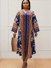 Women's Plus Tribal Print V Neck Long Sleeve Loose Casual Maxi Dress