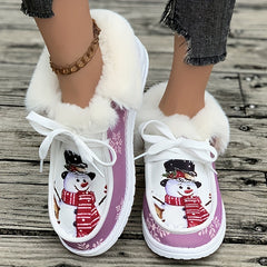 Christmas Snowman Print Plush Lined Thermal Furry Snow Boots