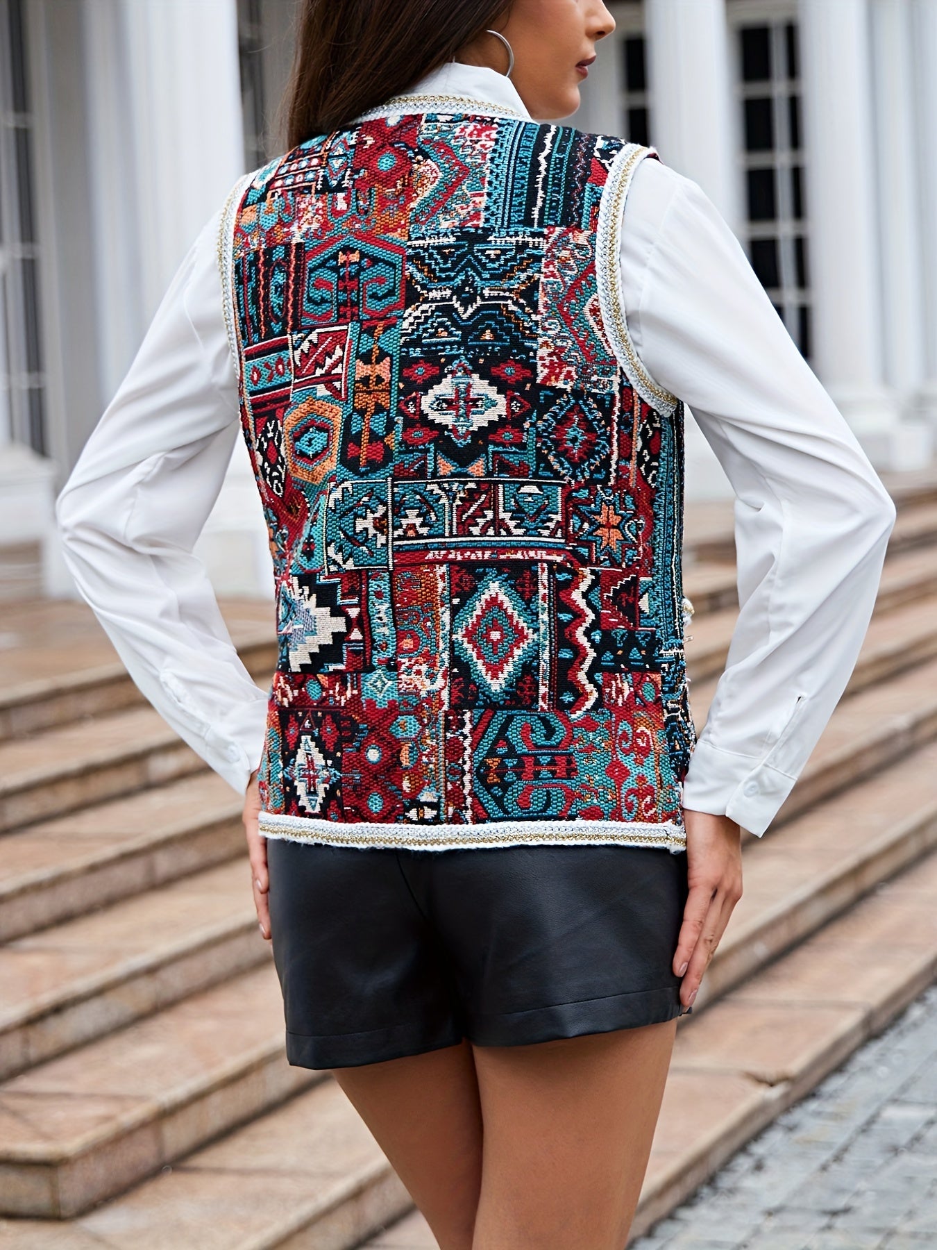 Geometric Pattern Button Front Vest Boho Sleeveless Vest