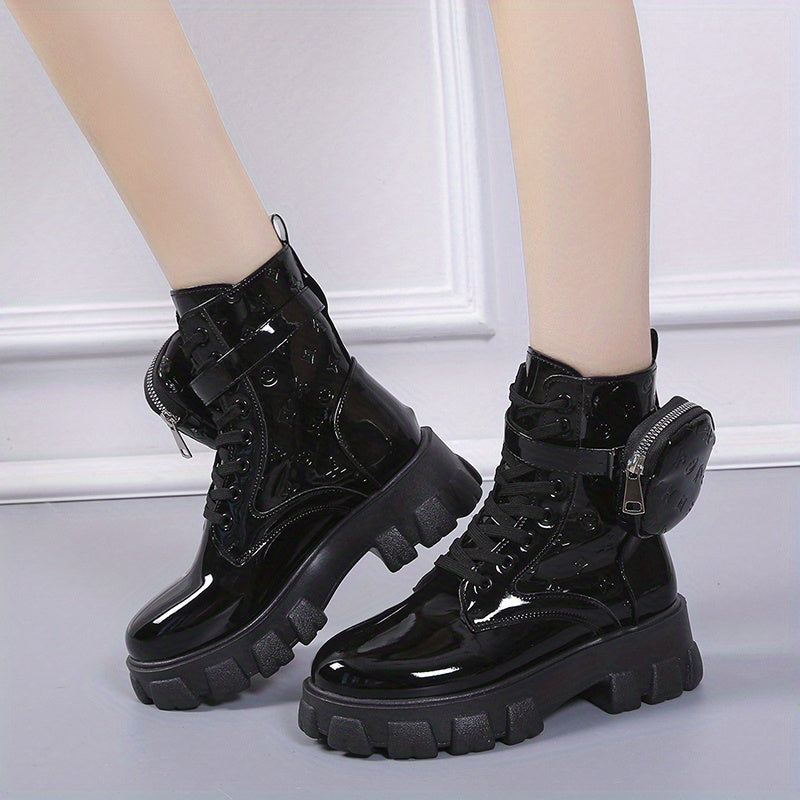 Women's Platform Combat Boots Patent Leather Short Boots Anti Skid Shoes