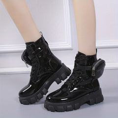 Women's Platform Combat Boots Patent Leather Short Boots Anti Skid Shoes