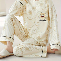 Bear Print Pajama Set Long Sleeve Crew Neck Top & Pants Women's Sleepwear