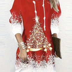 Colorblock Tree Print Long Sleeve Dress