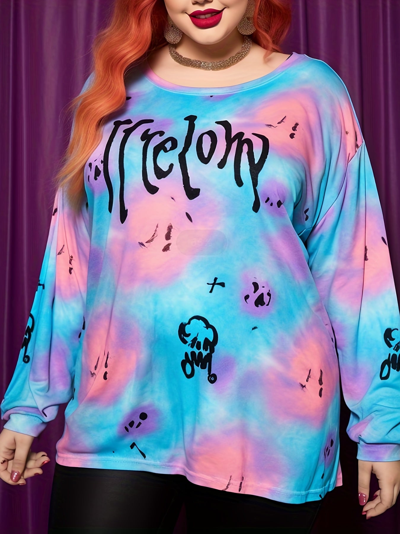Halloween Sports Top Women's Plus Tie Dye & Grajson Round Neck Top