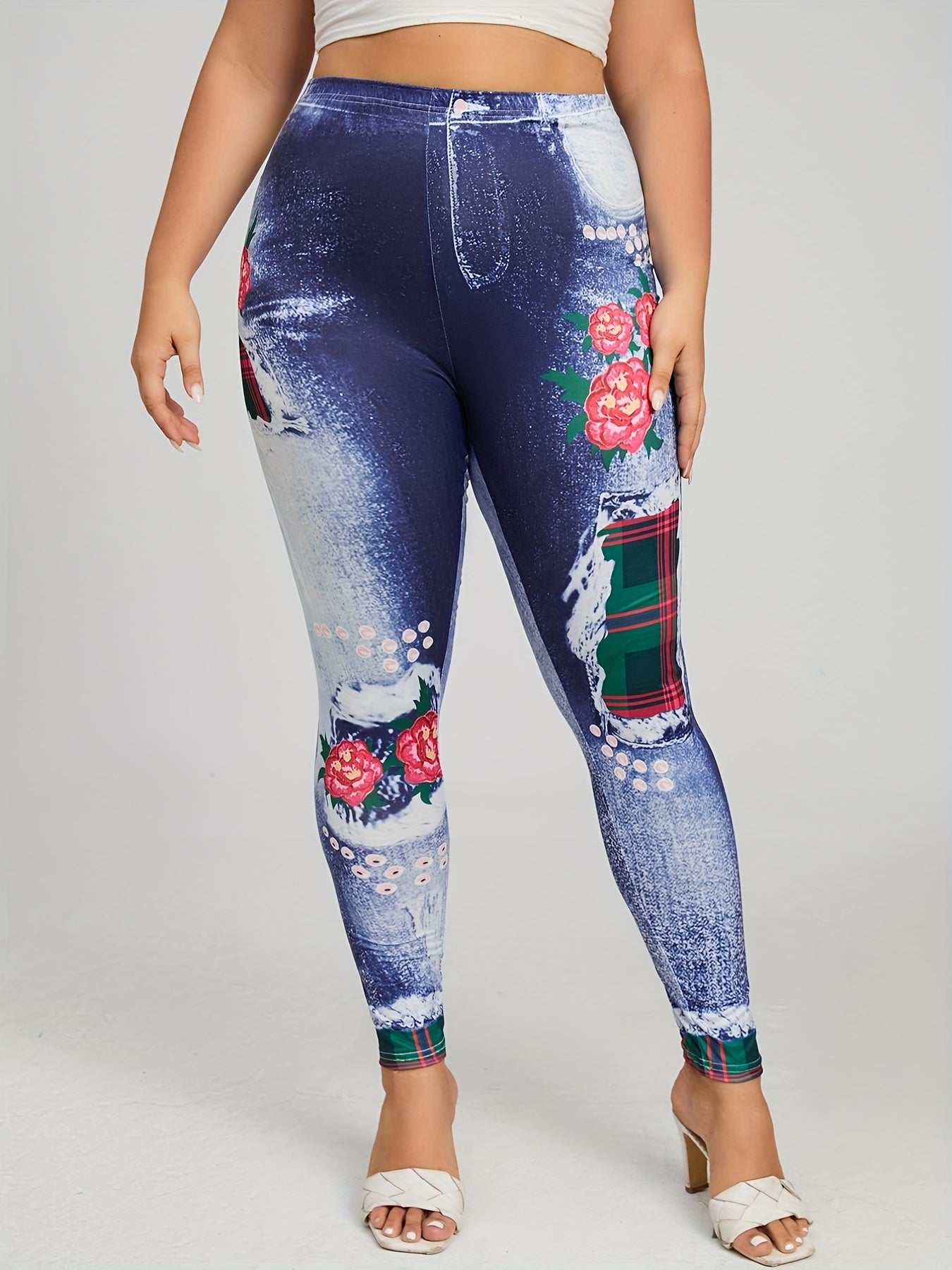 Denim & Plaid Print Skinny Leggings