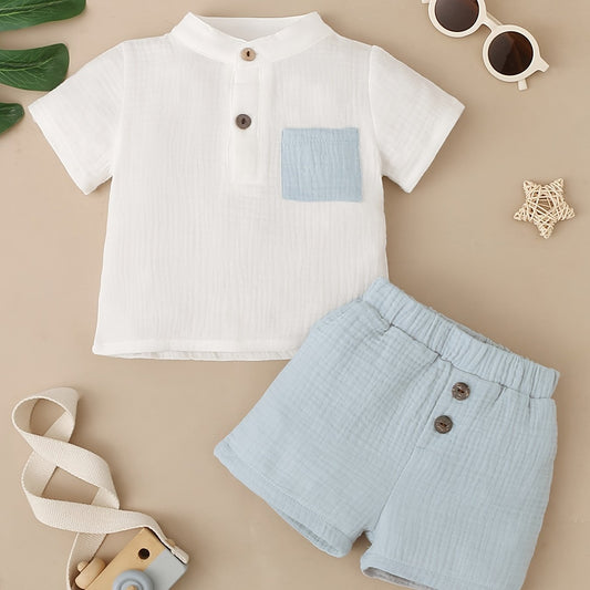 2pcs Baby Boys Button Collar Short Sleeve Shirt & Shorts Set