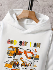 2pcs Truck Print Boys Hoodie & Solid Sweatpants Set