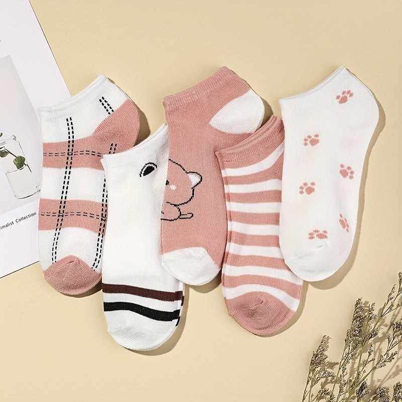5 Pairs Striped Crew Socks Comfy Low Cut Ankle Socks Women's Stockings