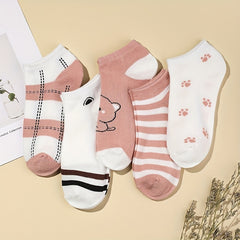 5 Pairs Striped Crew Socks Comfy Low Cut Ankle Socks Women's Stockings