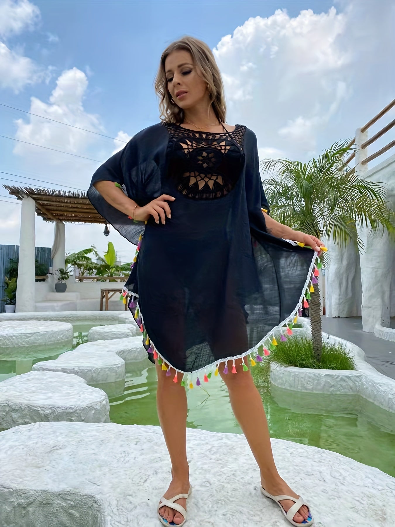 Boho Style Beach Cover Up Dress with Tassel Trim