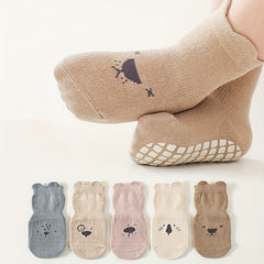 5 Pairs Kids Cotton Non-Slip Indoor Floor Socks - Animal Pattern Crew Socks