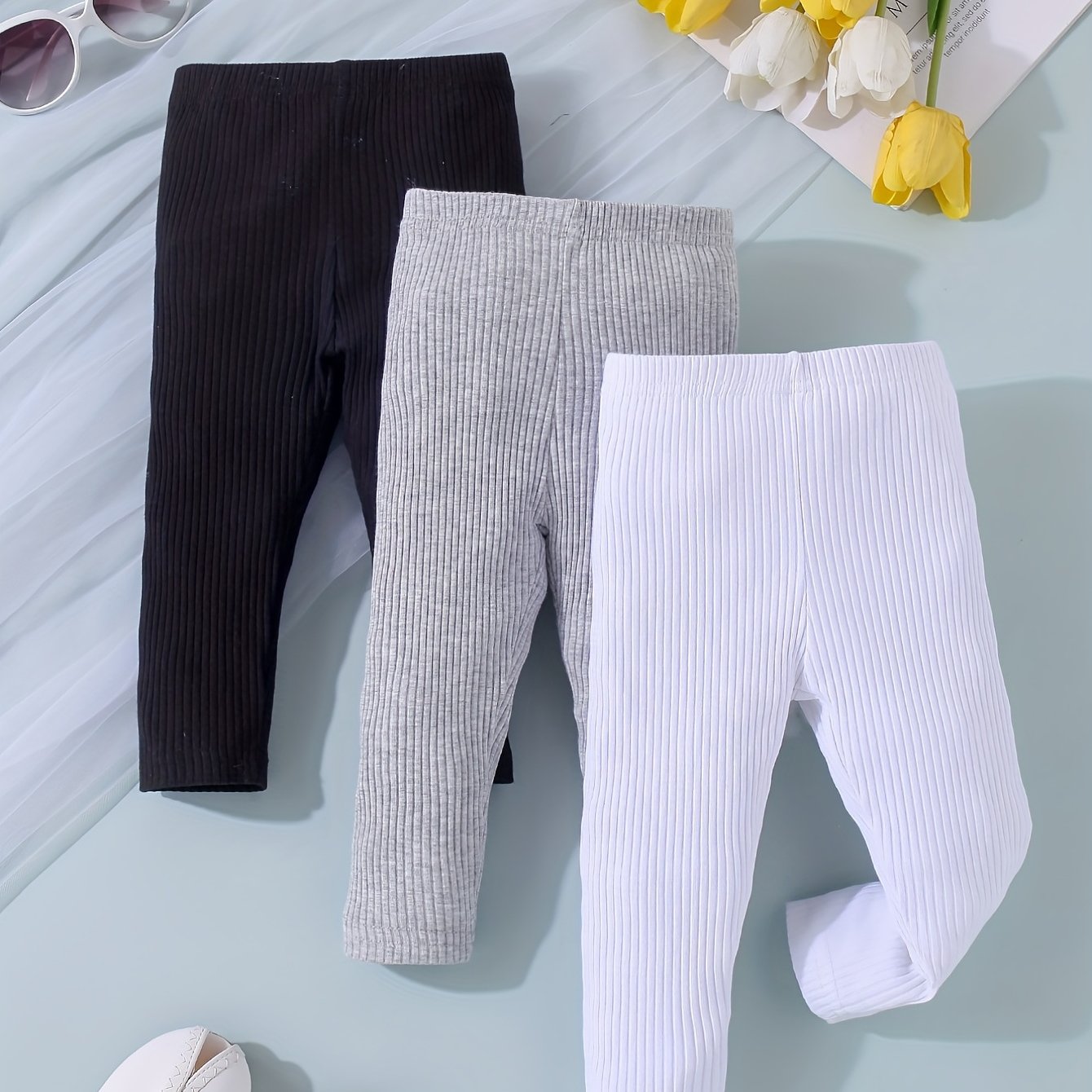 3pcs Baby Girls Gray 3 Stripe Cotton Pants Combo Outfit