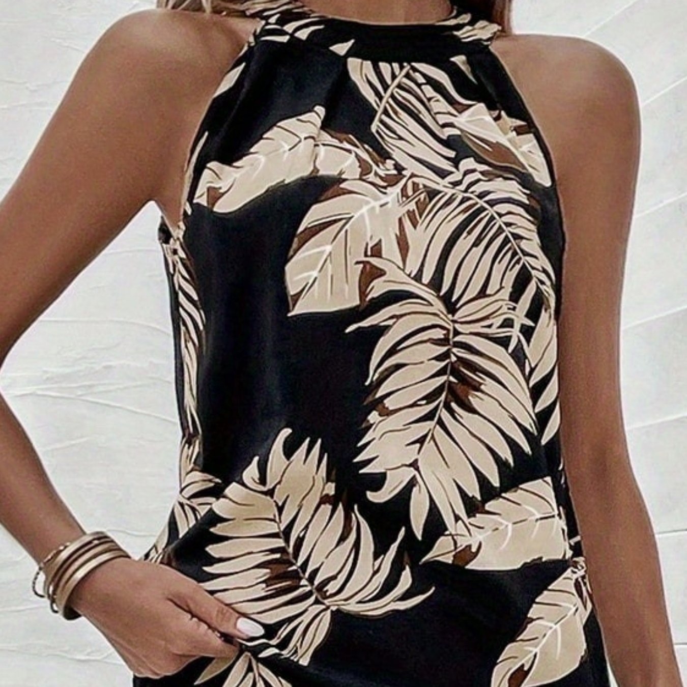 Feather Print Halter Neck Top Sleeveless Summer Casual Wear