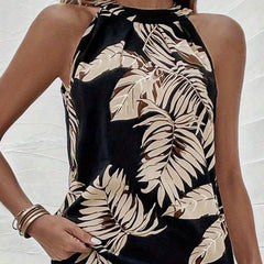 Feather Print Halter Neck Top Sleeveless Summer Casual Wear
