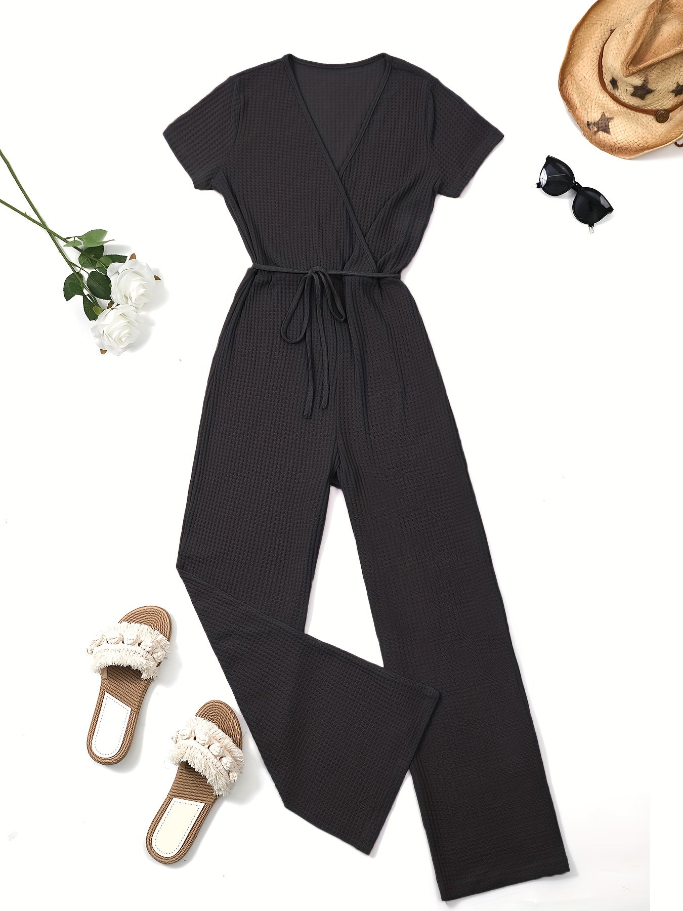 Solid Color Waffle V-Neck Jumpsuit with Tie Waist