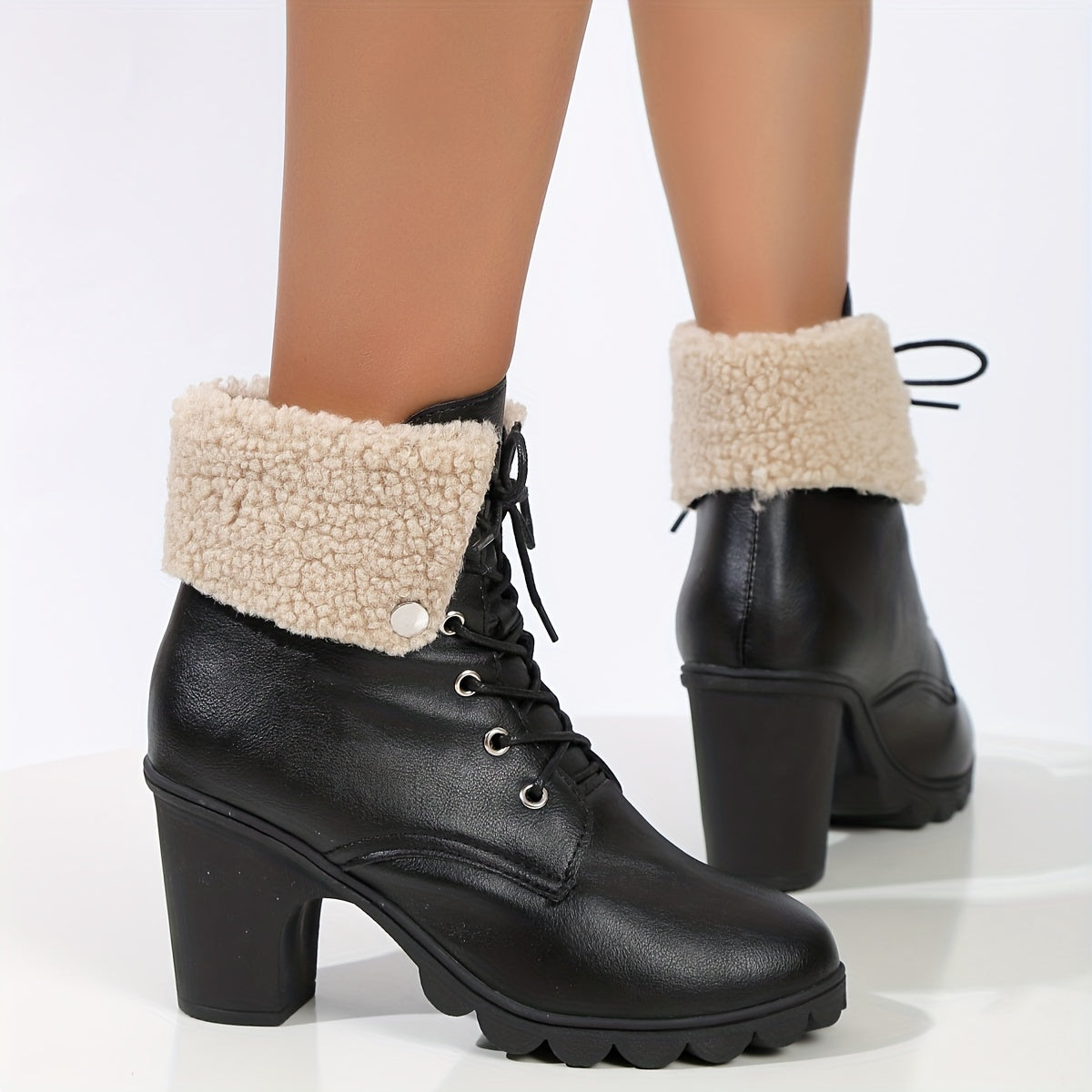 Women's Velvet Snow Boots High Heeled Lace-Up Chunky Boots