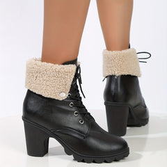 Women's Velvet Snow Boots High Heeled Lace-Up Chunky Boots