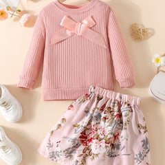 Autumn Girls Knitted Head Pullover Flower Print Skirt Set