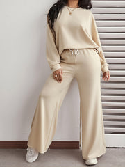 Solid Long Sleeve Top & Wide Leg Pant Set Women's Plus Size